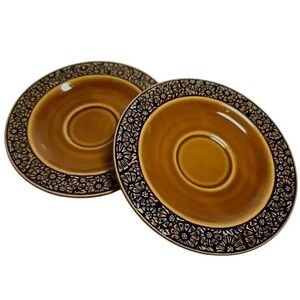 VTG Daisy IronStone Brown Amber Saucers Set Of 2 Hand Decorated Made In Japan 6"